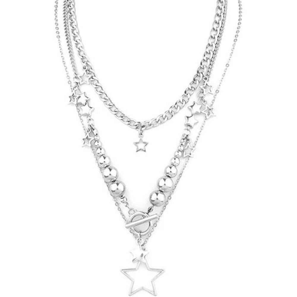 Silver Star Chain Choker Y2K Stackable Chunky Star Pendant Grunge Necklace - Picture 8 of 8